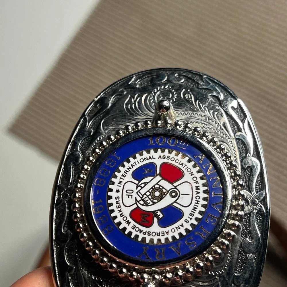 Vintage IAMAW 100th Anniversary Union Belt Buckle Brown Tooled Leather Belt 34